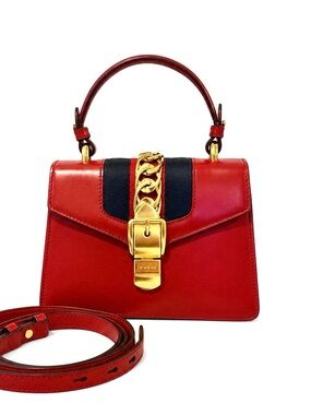 GUCCI Sylvie Mini Leather Top Handle Bag in Hibiscus Red